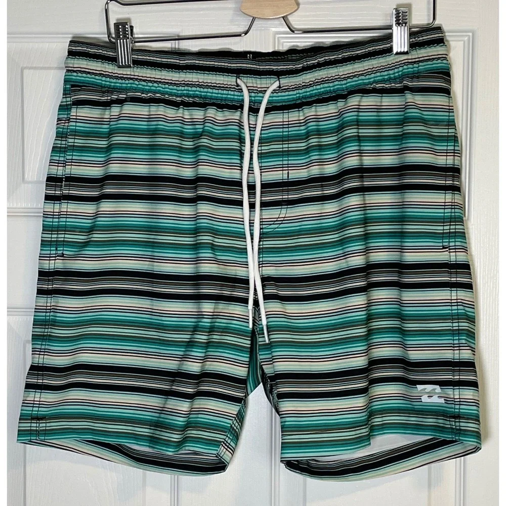 Billabong‎ Mens Striped Board Shorts Teal Green Black White Swim Trunks Large